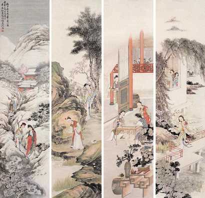 沈燧 辛未（1931年）作 人物故事 四屏